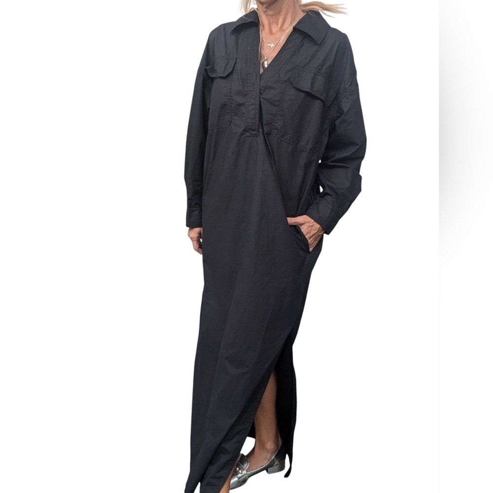 Banana Republic Black Maxi Shirt Dress Side Slit Long Sleeve Utility Pockets S